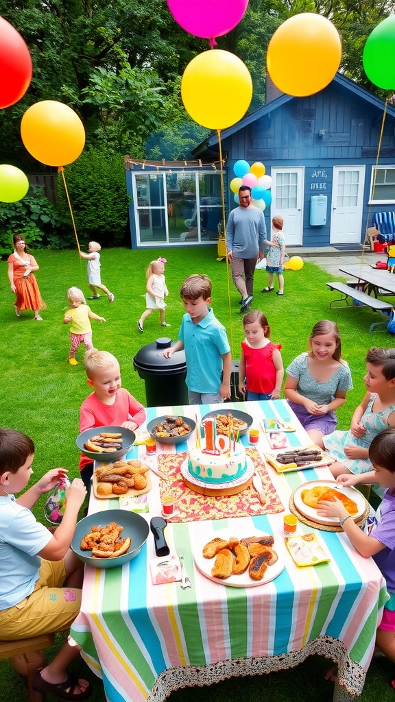 A backyard barbecue party for a 1st birthday with colorful decorations, grilled food, and children playing.